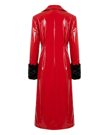 RADICAL Patent Trench - High-shine red patent trench coat with fur cuffs