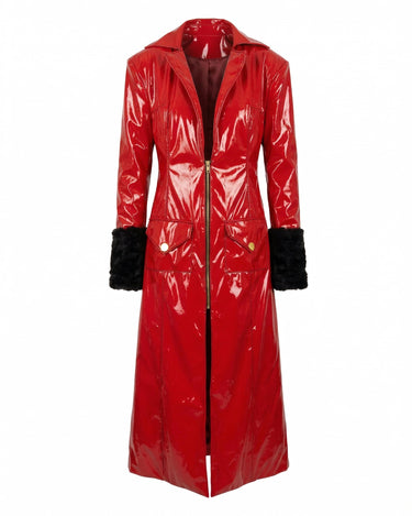 RADICAL Patent Trench - High-shine red patent trench coat with fur cuffs