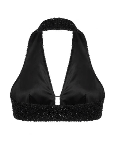 NOCTRA Halo Top - Black textured halter crop top with chain detail
