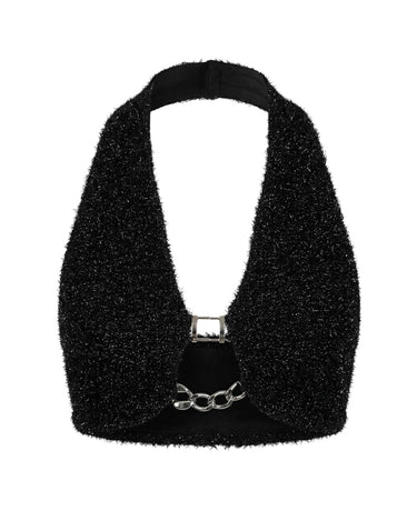 NOCTRA Halo Top - Black textured halter crop top with chain detail