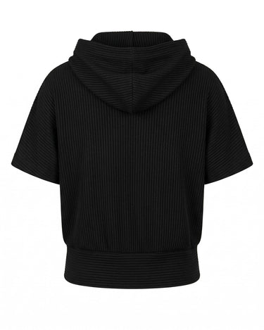 RIB HOODED TOP - Short sleeve hooded rib top with drawstring