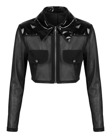SPECTER Mesh Jacket - Sheer black cropped jacket with patent shoulder panel