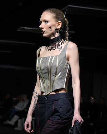 SHADOW STRUCTURE CORSET - Muted taupe corset top with gold architectural lines