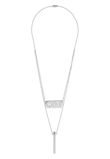 Beacon necklace in silver stainless steel with layered dual chains and engraved pendant, unisex design by MYL BERLIN.