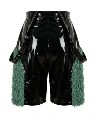 SYNAPSE Fur Shorts High-shine patent shorts with faux fur side panels
