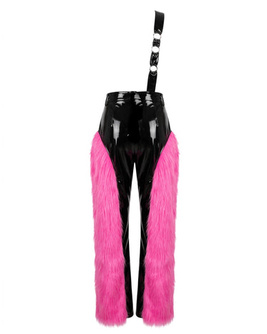 SYNERGY Fur Trousers - High-shine patent trousers with pink fur