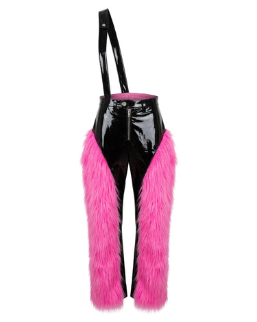 SYNERGY Fur Trousers - High-shine patent trousers with pink fur