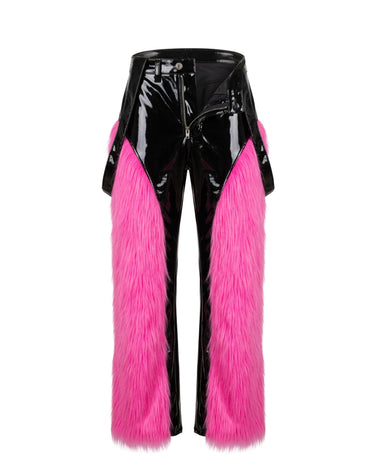 SYNERGY Fur Trousers - High-shine patent trousers with pink fur