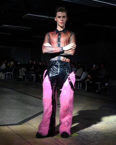 SYNERGY Fur Trousers - High-shine patent trousers with pink fur