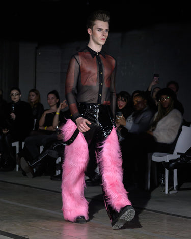 SYNERGY Fur Trousers - High-shine patent trousers with pink fur