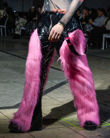 SYNERGY Fur Trousers - High-shine patent trousers with pink fur