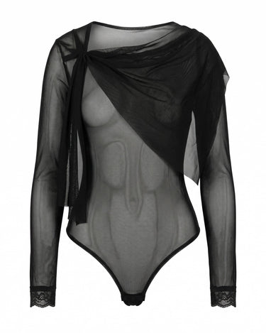OATH Draped Body - Asymmetric sheer mesh bodysuit with lace