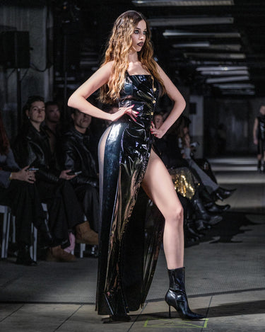 OATH Buttoned Gown - Halter-neck patent buttoned midi dress