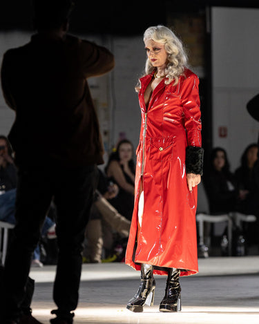 RADICAL Patent Trench - High-shine red patent trench coat with fur cuffs