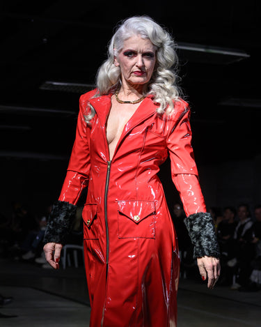 RADICAL Patent Trench - High-shine red patent trench coat with fur cuffs