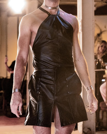 HALTER MINI DRESS, TOP - Structured halter dress with harness back