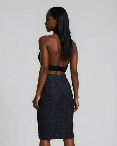 NOCTRA Halo Top - Black textured halter crop top with chain detail