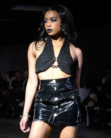 NOCTRA Halo Top - Black textured halter crop top with chain detail