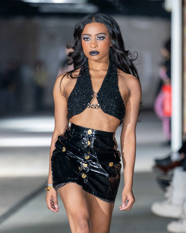 NOCTRA Halo Top - Black textured halter crop top with chain detail