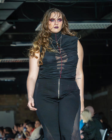 VEIL Ruched Mesh Top - Sheer black ruched sleeveless top with high neck