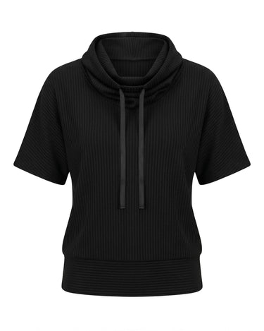 RIB HOODED TOP - Short sleeve hooded rib top with drawstring
