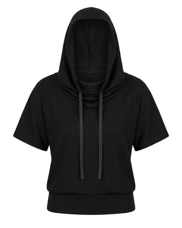 RIB HOODED TOP - Short sleeve hooded rib top with drawstring