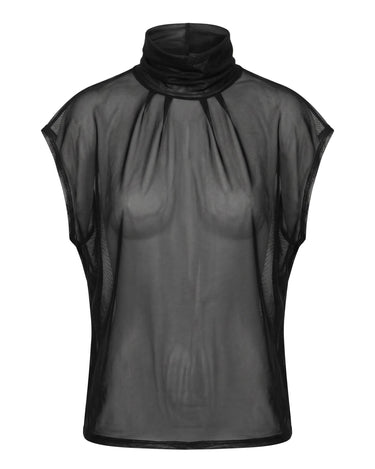 SHEER DRAPE TOP - Lightweight mesh top with high neck and fluid drape