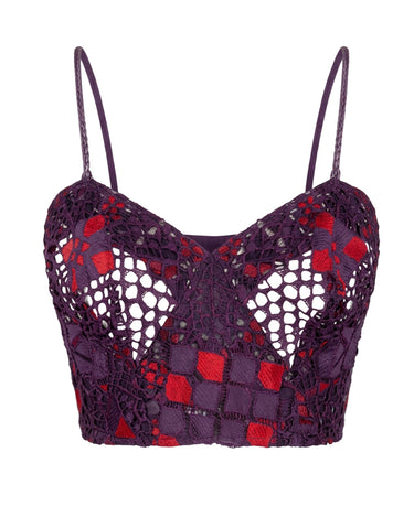 VORTEX Lace Corset Top - Purple lace structured crop top with contrast inlays