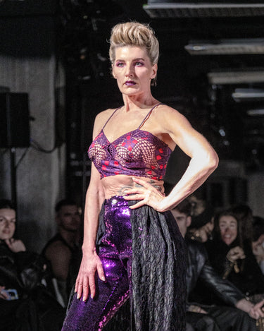 VORTEX Lace Corset Top - Purple lace structured crop top with contrast inlays