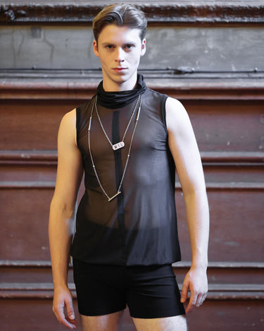 SHEER CORE TANK - Sleeveless mesh top with high neck and vertical center detail