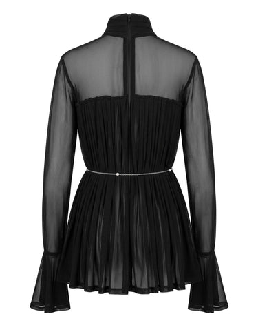 NOIR Veil Corset Blouse - Sheer black pleated mesh top with structured waist