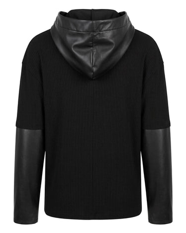 HYBRID HOOD TOP - Ribbed short sleeve top with extended faux leather sleeves and structured hood