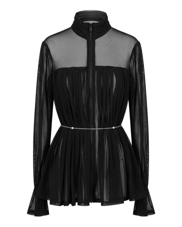 NOIR Veil Corset Blouse - Sheer black pleated mesh top with structured waist