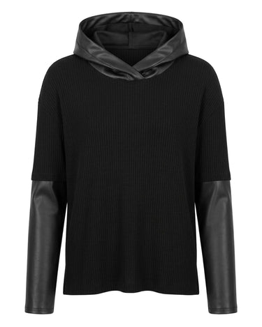 HYBRID HOOD TOP - Ribbed short sleeve top with extended faux leather sleeves and structured hood