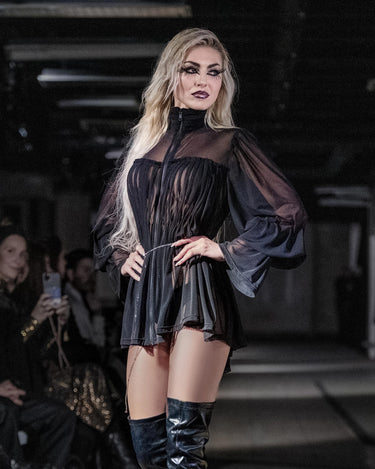 NOIR Veil Corset Blouse - Sheer black pleated mesh top with structured waist