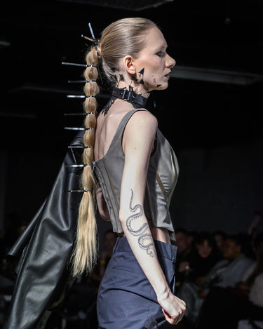 SHADOW STRUCTURE CORSET - Muted taupe corset top with gold architectural lines