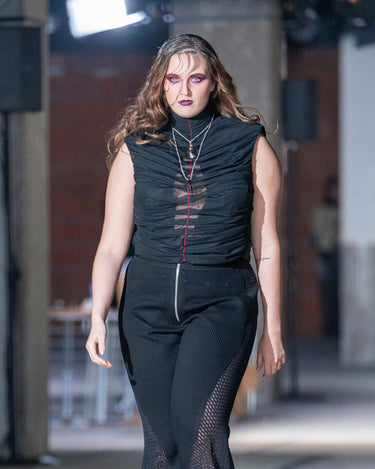 VEIL Ruched Mesh Top - Sheer black ruched sleeveless top with high neck