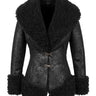 MYL BERLIN black faux fur jacket with textured polyamide body, oversized collar, and hook closure. Sculptural volume.