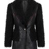 MYL BERLIN black shaggy faux-fur jacket with red contrast stitching and a single silver button.