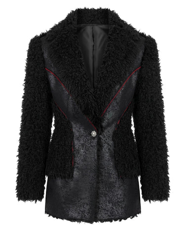 MYL BERLIN black shaggy faux-fur jacket with red contrast stitching and a single silver button.